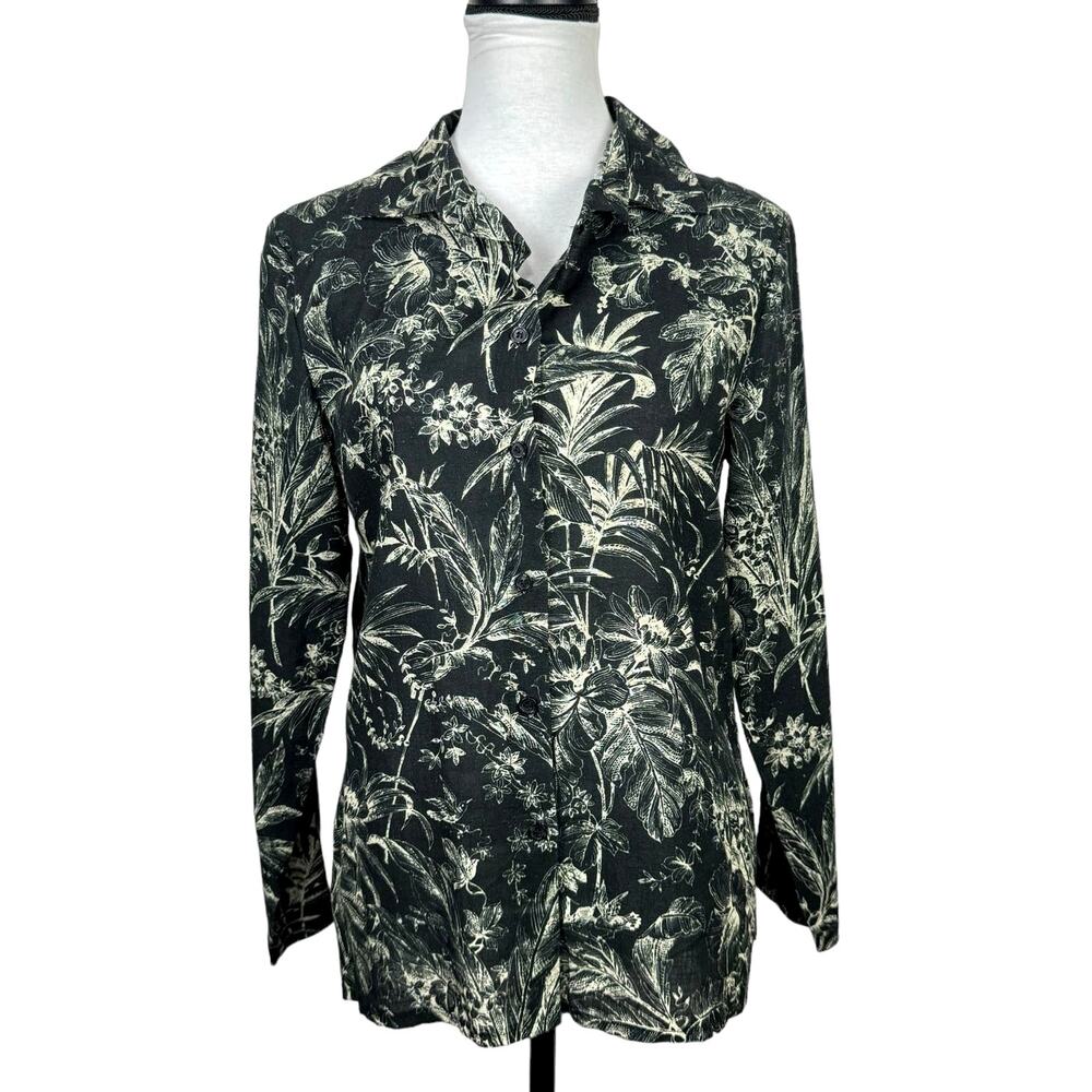 Saiph Lab NWT Black & Cream Tropical Print Linen Cotton Blend Button Up Shirt